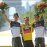 The final overall podium of the Tour de France 2011: Andy Schleck, Cadel Evans, Frank Schleck